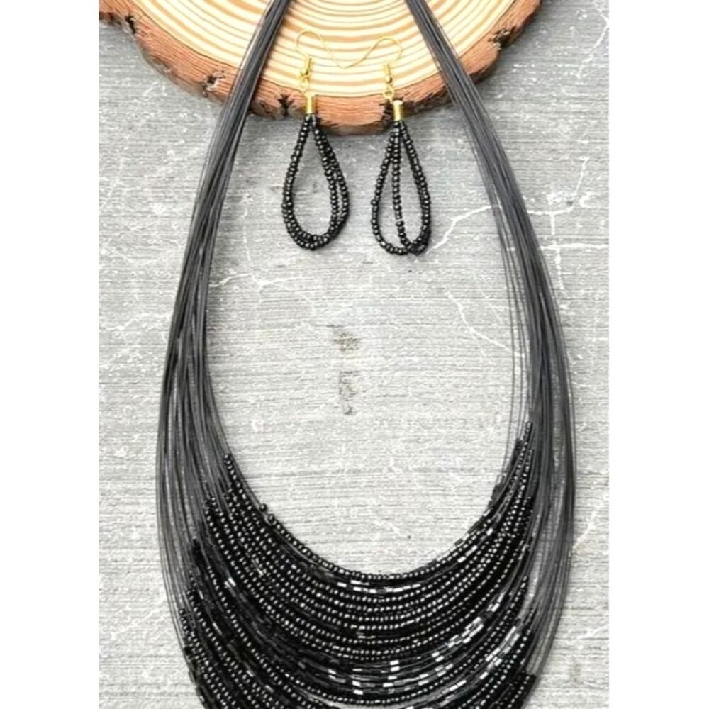 Black‎ Multi-Strand Costume Beaded Necklace & Earrings Set